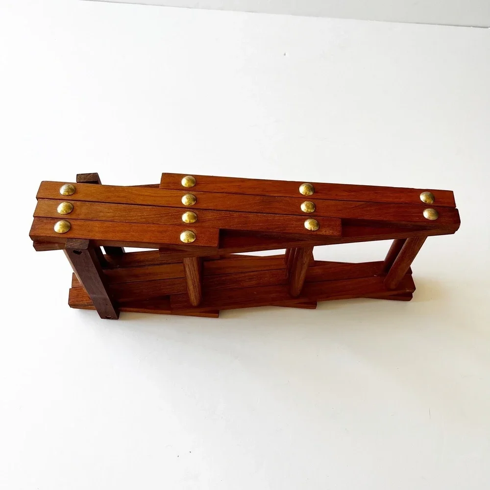 Vtg Mid Century Folding Accordion Solid Teak Wood Wine Rack Thailand 5 Bottles